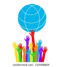 hands with earth, people of the world holding the globe, flat vector sticker, poster, etc