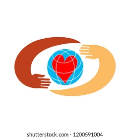 Hands with earth, people of world holding globe, flat vector sticker, poster, etc. Icon logo for Internet and tourism.