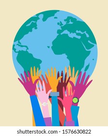 Hands With Earth, People Of The World Holding The Globe, Earth Day. Modern Flat Vector Illustration.