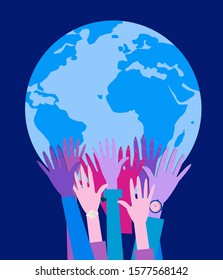 Hands with earth, people of the world holding the globe, Earth day, Global warming. Modern flat vector illustration.