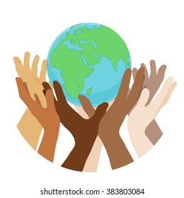 hands with earth, people of the world holding the globe, flat vector sticker, poster, etc