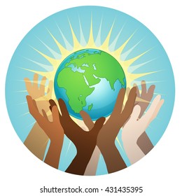 Hands With Earth, People Of The World Holding The Globe, Vector Sticker, Poster, Etc