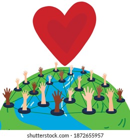 Hands with the earth, people of the world as a United community, volunteering and working, red heart, flat vector sticker, poster, etc.