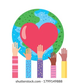 hands and earth planet with heart. donation conept. vector illustration