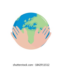manos con planeta Tierra sobre fondo blanco, estilo plano, ilustración vectorial