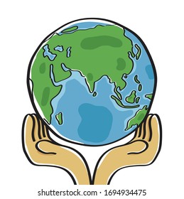   Hands and Earth vector on concept save earth isolated on white background.Free hand drawing style.
