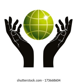 Hands and earth vector symbol, ecology care vector illustration.