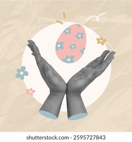 Hands with Easter egg, decorating egg, celebrating Easter. Minimalistic y2k trendy vector vertical 