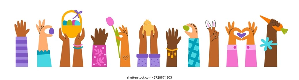 Mãos com banner símbolos de páscoa. Conceito de férias sazonais de primavera. Ovos, galinha, flores. Celebrando juntos com a comunidade, a família, os amigos.