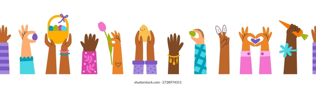 Mãos com símbolos de páscoa banner perfeito. Conceito de férias sazonais de primavera. Ovos, galinha, flores. Celebrando juntos com a comunidade, a família, os amigos.