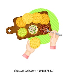 Hands Eating Corn Tortilla with Beans for Dinner Above View Vector Illustration