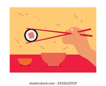 Hands are eating sushi by holding chopsticks and soy sauce, eating traditional Japanese menu. Character design. Vector flat illustration