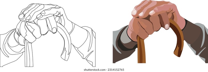 hands of elderly person with support stick-