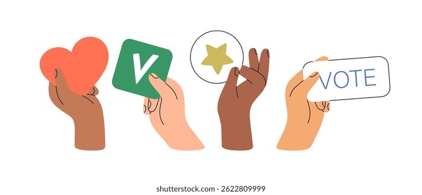 Hands with election concept symbols, calling for voting. Voters holding heart, checkmark, star, voice and support signs for political campaign. Flat vector illustration isolated on white background