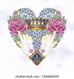 Hands with elegant rose flowers inside the heart .