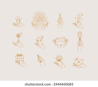 Hands with elements nail polish, pizza, pen, ink, feather, dandelion, crystal, bowl, dishes, whisk, box, pencil, seashell, envelope drawing in linear style on light background