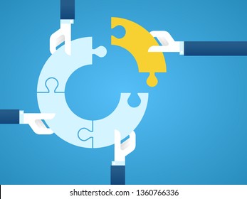 Hands with elements of puzzle. Teamwork and problem solution concept,vector illustration.
EPS 10.