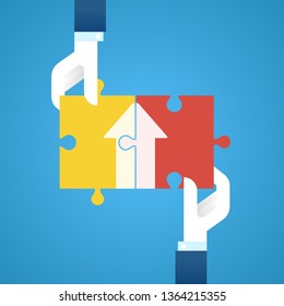 Hands with elements of puzzle. Teamwork and problem solution concept,vector illustration.
EPS 10.