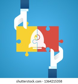 Hands with elements of puzzle. Teamwork and problem solution concept,vector illustration.
EPS 10.