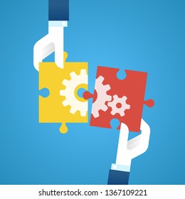 Hands with elements of puzzle. Teamwork and problem solution concept,vector illustration.
EPS 10.