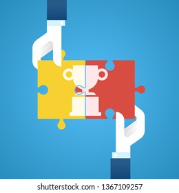 Hands with elements of puzzle. Teamwork and problem solution concept,vector illustration.
EPS 10.