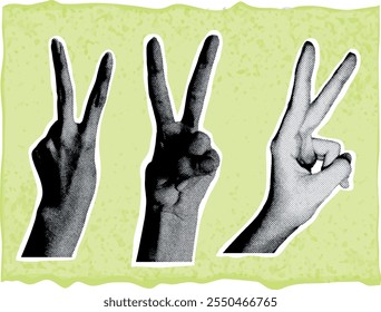 Hands elements with retro photocopy effect. Elements with halftone and grain effect. peace symbol hand	