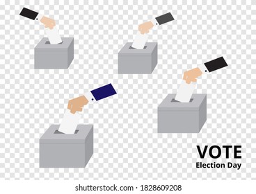 Hands of Eligible voters in suit dropping ballots in the election box vector and illustration isolated on transparency background