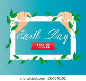 hands with emblem and leaves to earth day