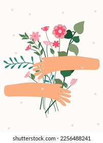 Las manos abrazan un ramo de flores de primavera. Un arreglo floral para celebrar un cumpleaños, boda, día de la madre, primavera, etc. Ilustración vectorial.