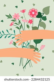 Las manos abrazan un ramo de flores de primavera. Un arreglo floral para celebrar un cumpleaños, boda, día de la madre, primavera, etc. Ilustración vectorial.