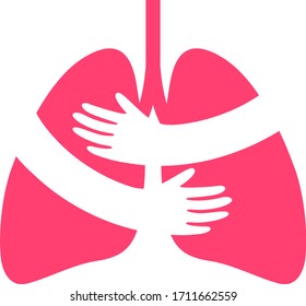 Hands embrace human lung. Health care concept. Icon design. Flat style. Vector illustration isolated on white background.