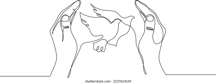 Hands embracing dove birds - peace and freedom concept. Continuous line drawing. Minimalistic line art.