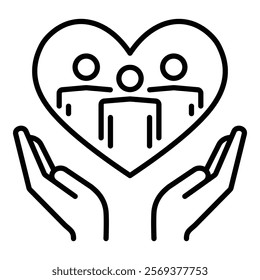 Hands embracing a group of people within a heart, symbolizing love, support, unity, community and inclusivity round line vector icon with editable stroke 