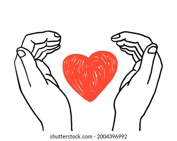 Hands embracing a heart. Compassion concept. Hand drawn vector illustration isolated.