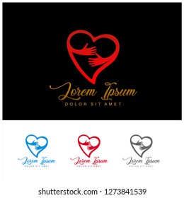 hands embracing the heart logo vector template, with hand drawing line art
