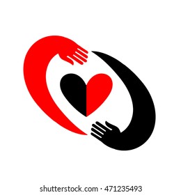 Hands embracing a heart. The original icon with black and red design. A symbol of love in the style of flat. Will be useful for decoration, as a logo, as an element of web design