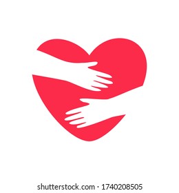 Hands embracing heart. Vector logo warm embrace, love yourself, cozy and social protection for symbol red heart isolated on white background