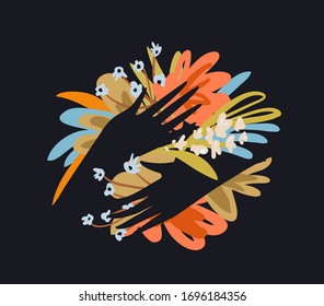 Hands embracing hugging flowers floral flat graphic composition for greeting card or t shirt on black background. Vector decorative blooming florals and female arms holding a bouquet.