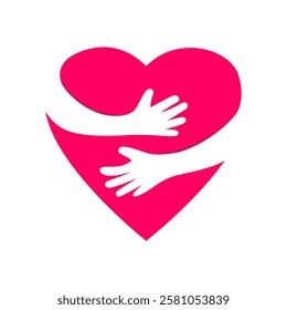 Hands embracing red heart with love vector