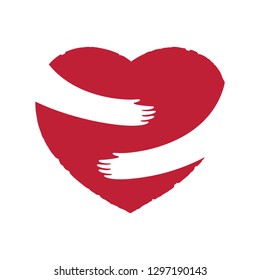 Hands embracing red heart. Negative space sign logo art