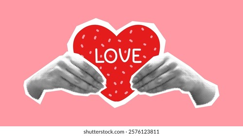 Hands embracing vibrant red heart with word Love halftone collage vector illustration. Radiating affection and romance on pink background