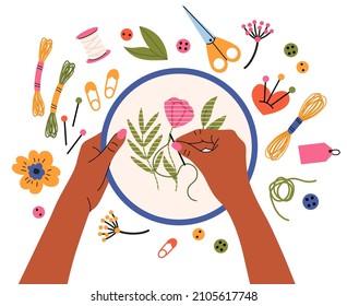 Hands embroider, handmade creative needlework hobby. Female hands with needle and thread embroider floral motif vector illustration. Embroidery workshop process. Needlework hand, craft and handmade