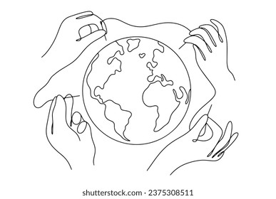 Hands of embroiderers around the planet. World Embroidery Day. One line drawing for different uses. Vector illustration.