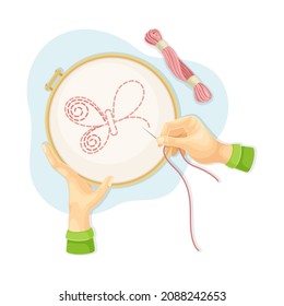 Hands embroidering butterfly on canvas. Top view of creative work process, hobby and craft concept vector illustration