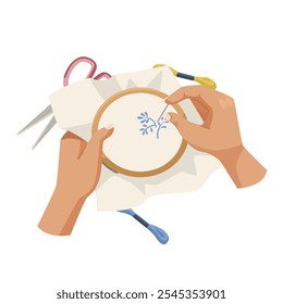 Hands embroidering floral design on fabric. Vector illustration