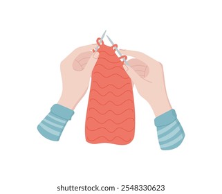 Hands embroidering logo, cartoon tailor tool illustration, doodle crochet decoration object, vector fashion accessories element, hand drawn dressmaking supplies design,