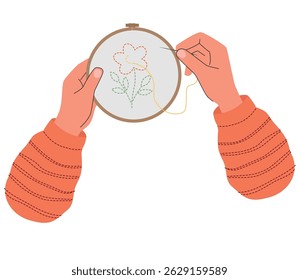 Hands embroidering a simple flower with a needle and yellow thread. Cozy DIY craft scene with red striped sleeves, perfect for hobby or handmade themed illustrations. Vector illustration