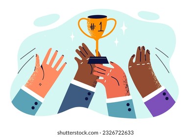 Hands employees people with golden cup for concept business rivalry and aspiration to become leader in company. Trophy for first place for employees performed teamwork and deserved motivational prize