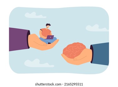 Hands of employers holding tiny employee and human brain. Woman working in laptop, sitting in palm flat vector illustration. Growth, career concept for banner, website design or landing web page