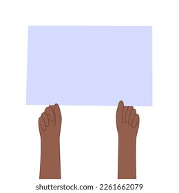 Hands with empty banner. Social protest or meeting. Crowd with posters. People participate in picket. Public strike with blank paper. Activism or revolution concept flat vector illustration.